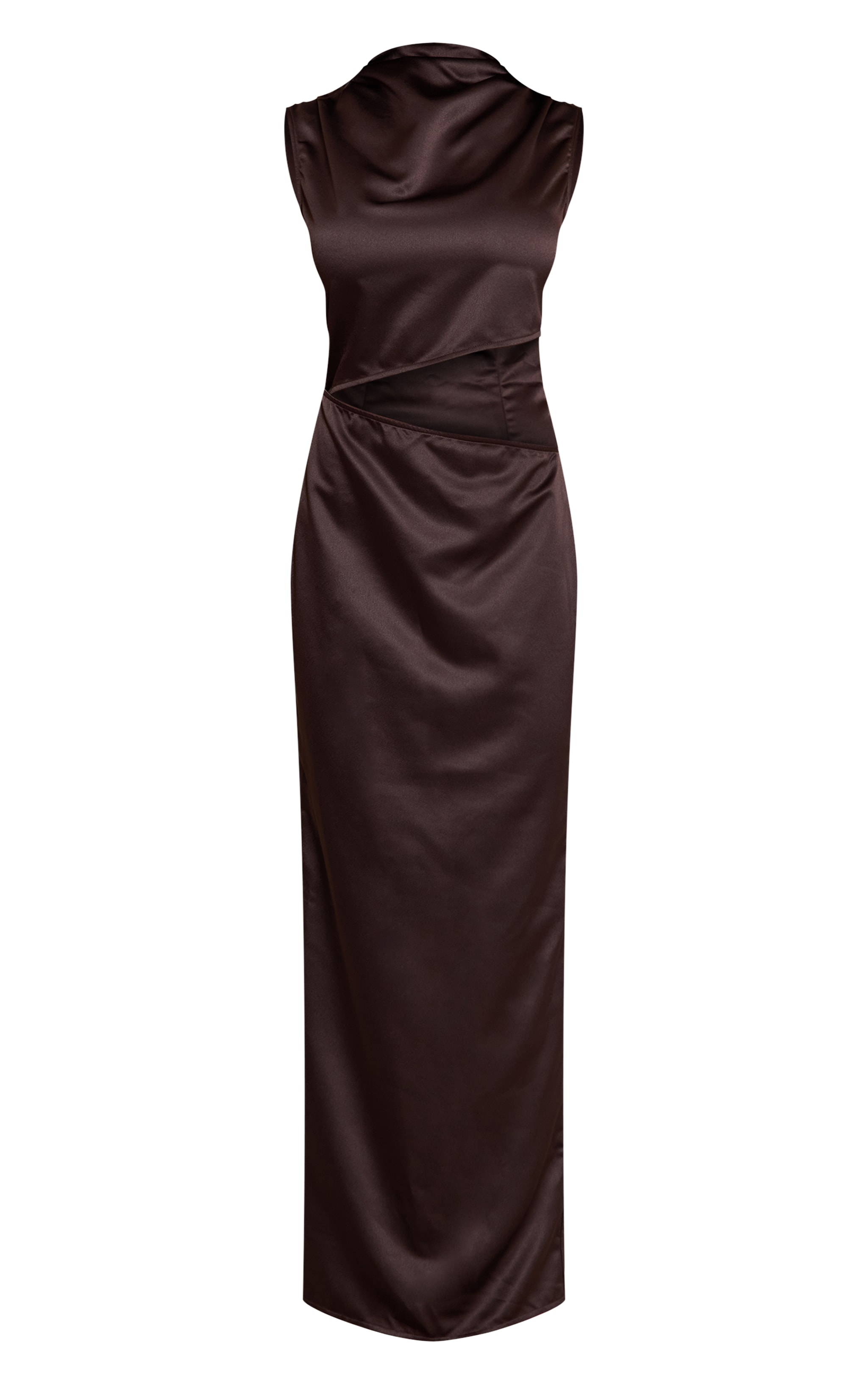 Chocolate Satin High Neck Cut Out Maxi Dress image 5
