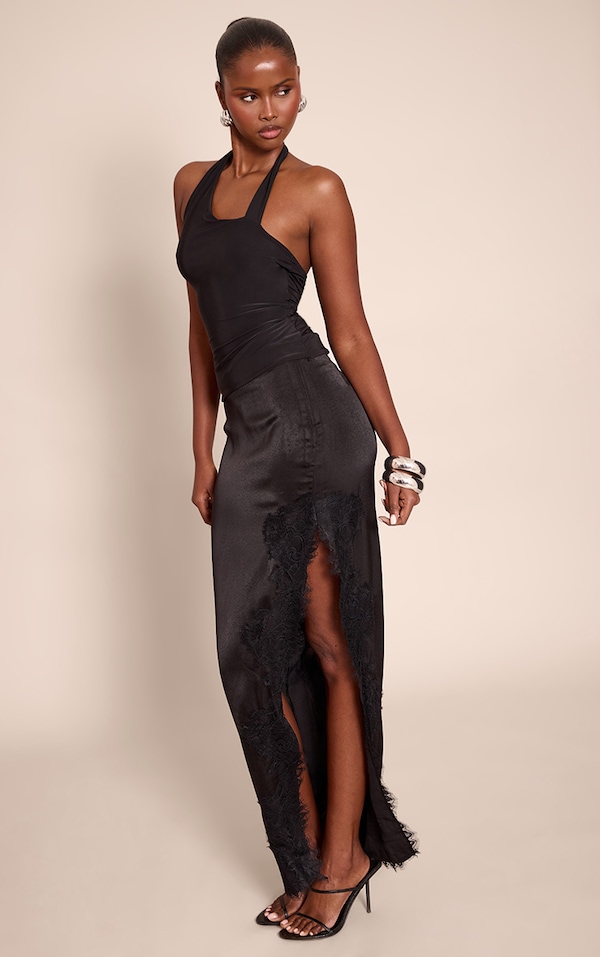 Black Satin Lace Side Split Maxi Skirt