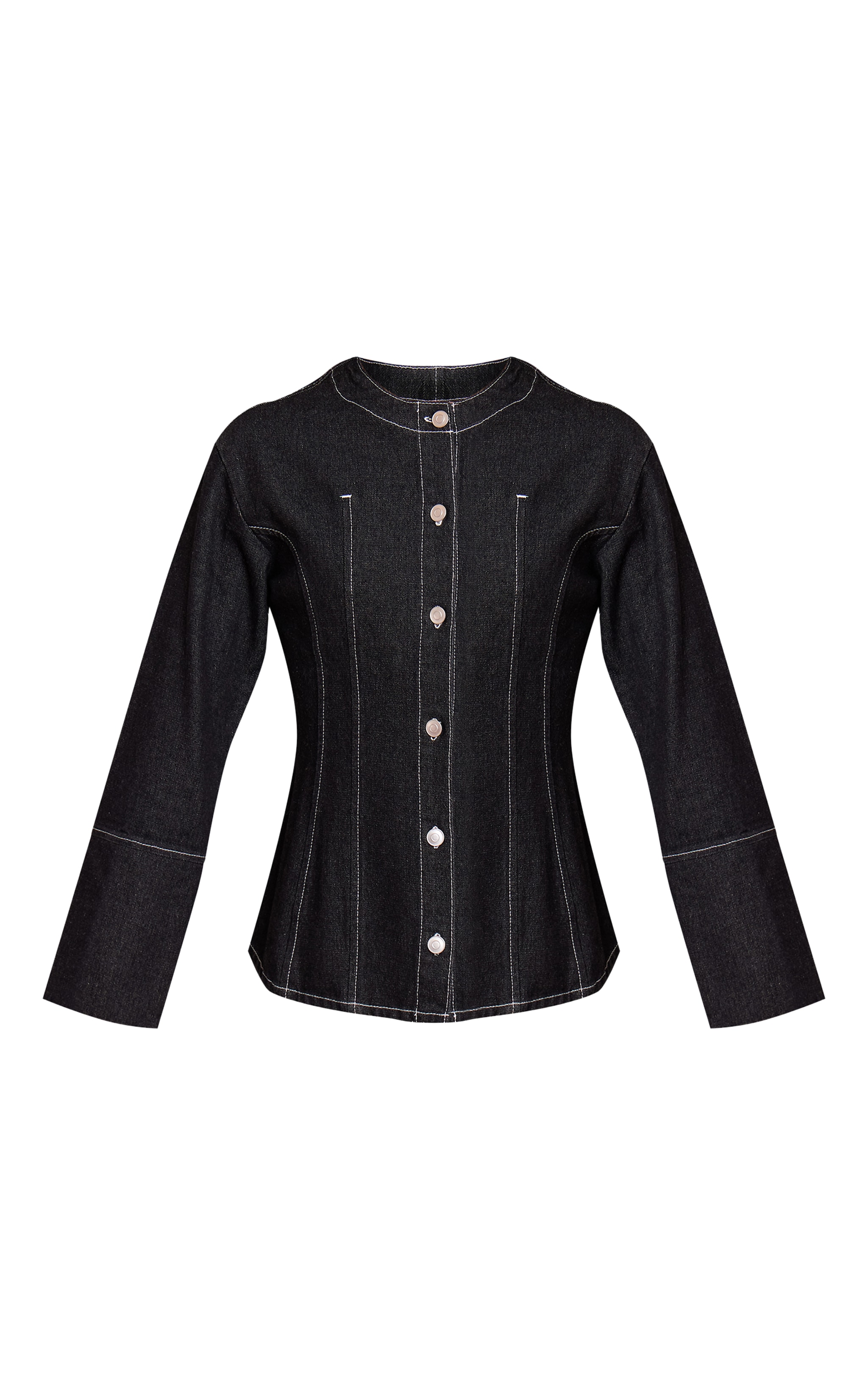 Raw Indigo Round Neck Button Up Cinched Denim Shirt image 5