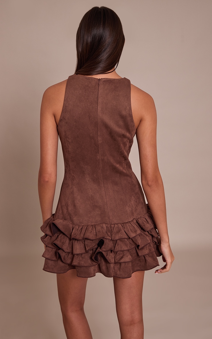 Chocolate Faux Suede Frill Hem Shift Dress image 2