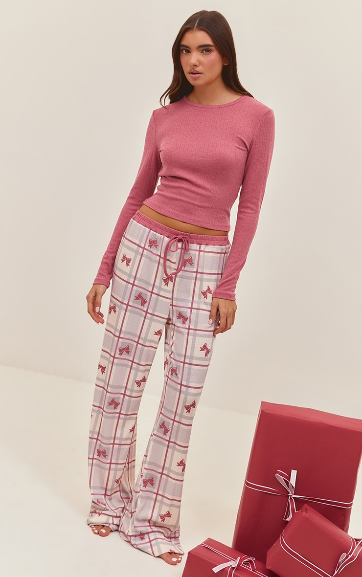 Red Pointelle Bow Fitted Long Sleeve Top and Pant PJ Set image 3