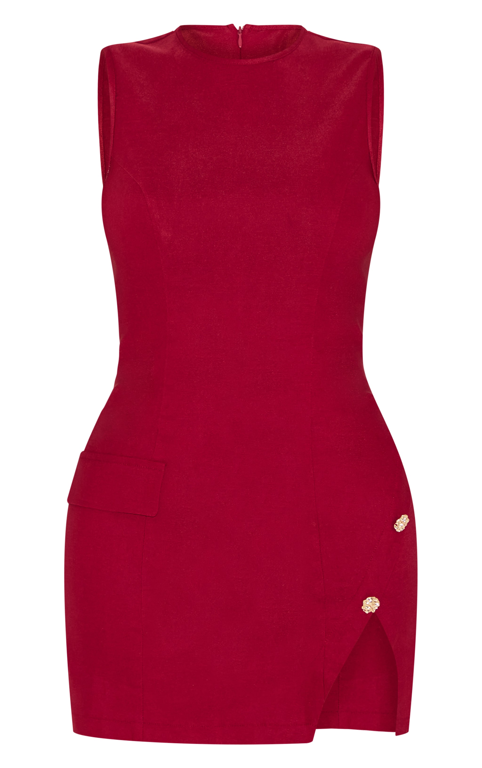 Shape Berry Stretch Woven Boat Neck Side Split Hammered Button Mini Dress image 5