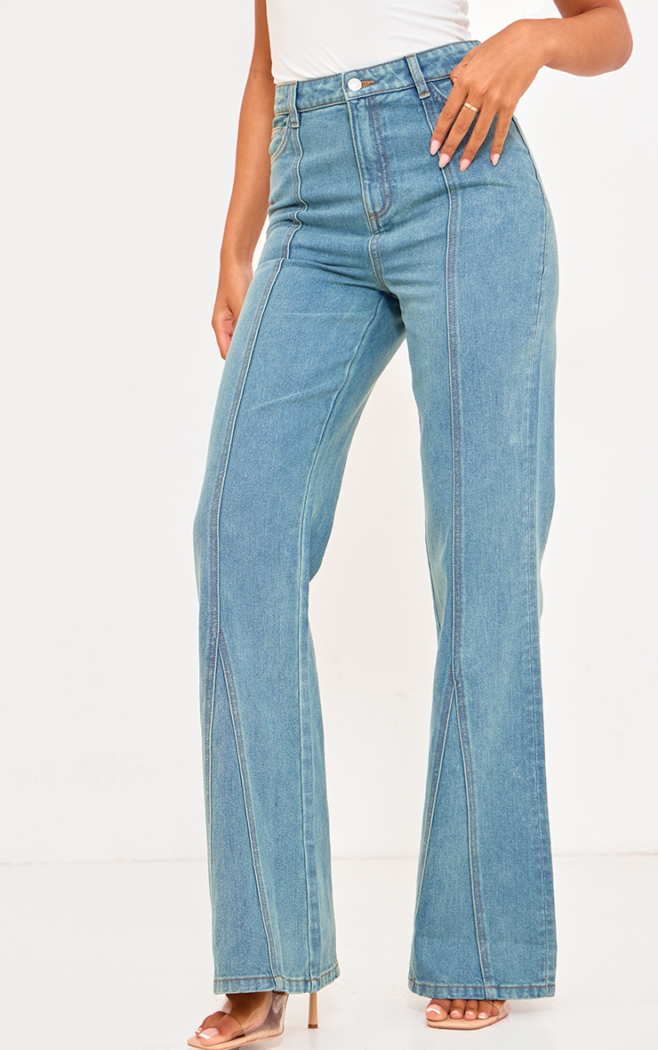 Tall Vintage Mid Wash High Waist Seam Detail Flared Jeans image 4