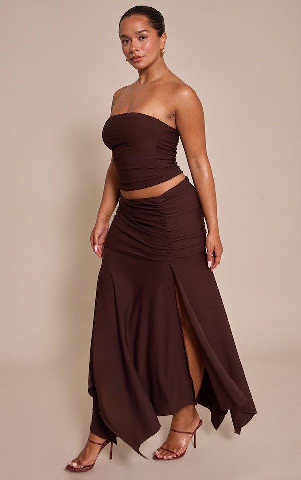 Shape Chocolate Double Layered Printed Ruched Dropped Hem Midaxi Skirt