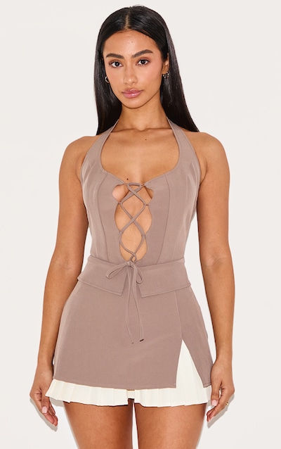 Petite Taupe Woven Lace Up Foldover Detail Mini Dress