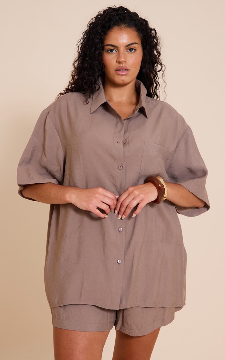 Plus Taupe Button Up Shirt image 1