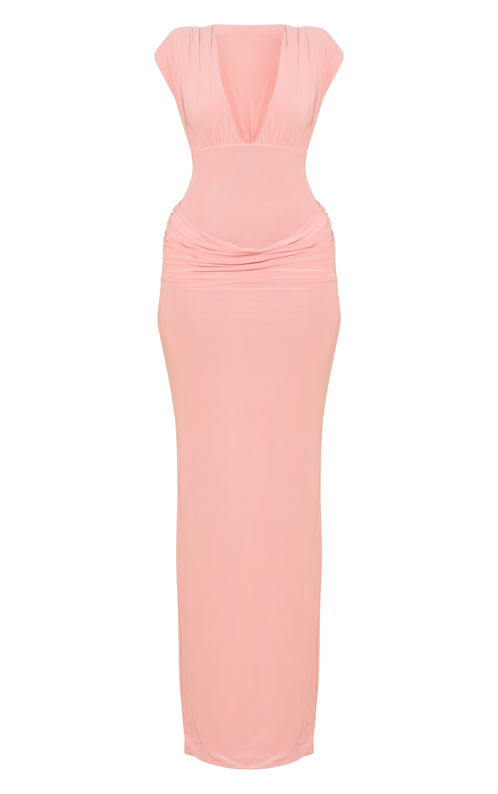 Blush Double Layer Plunge Ruched Shoulder Drape Waist Maxi Dress image 5