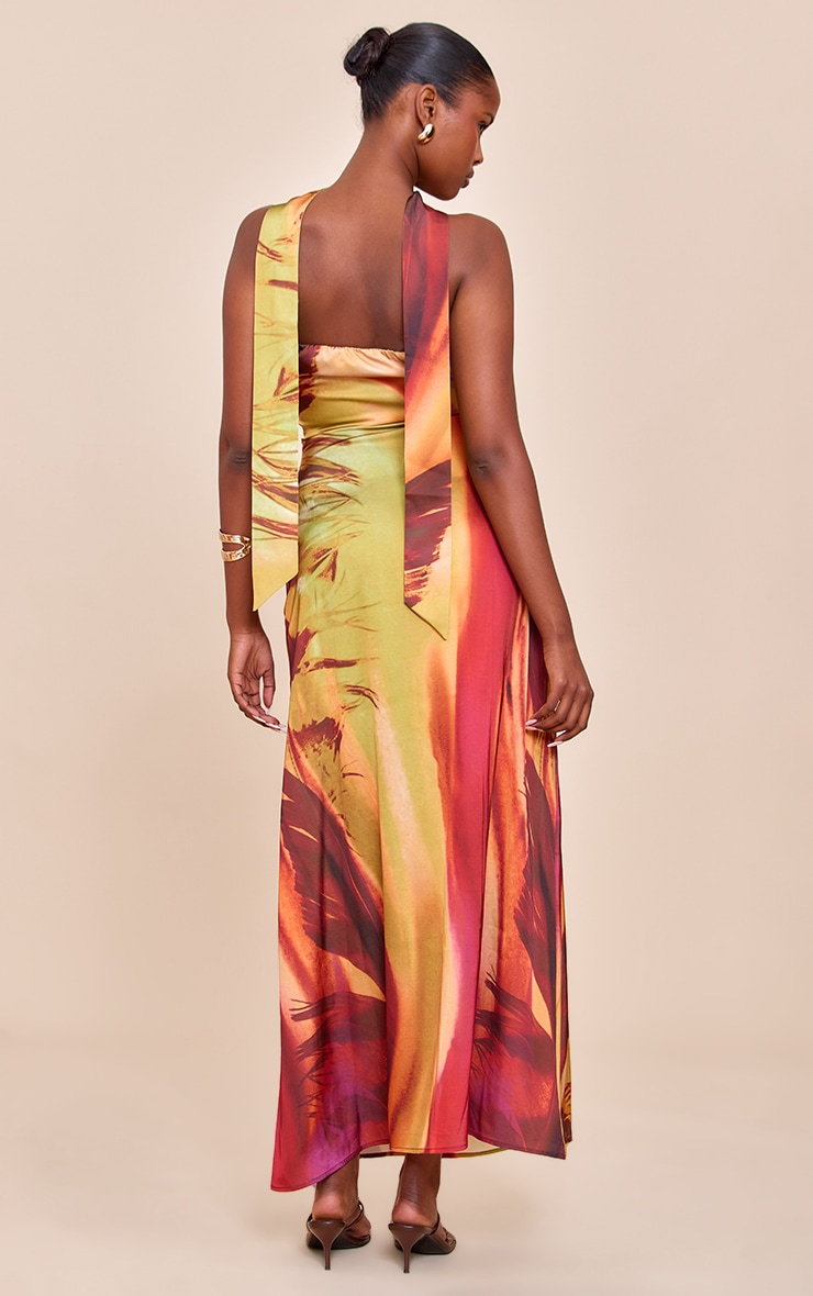 Pink Abstract Print Satin Bandeau Scarf Detail Maxi Dress image 2