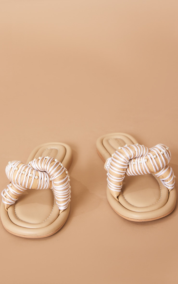 Beige Real Leather Round Toe Padded Contrast Strap Pearl Detail Sandals image 3