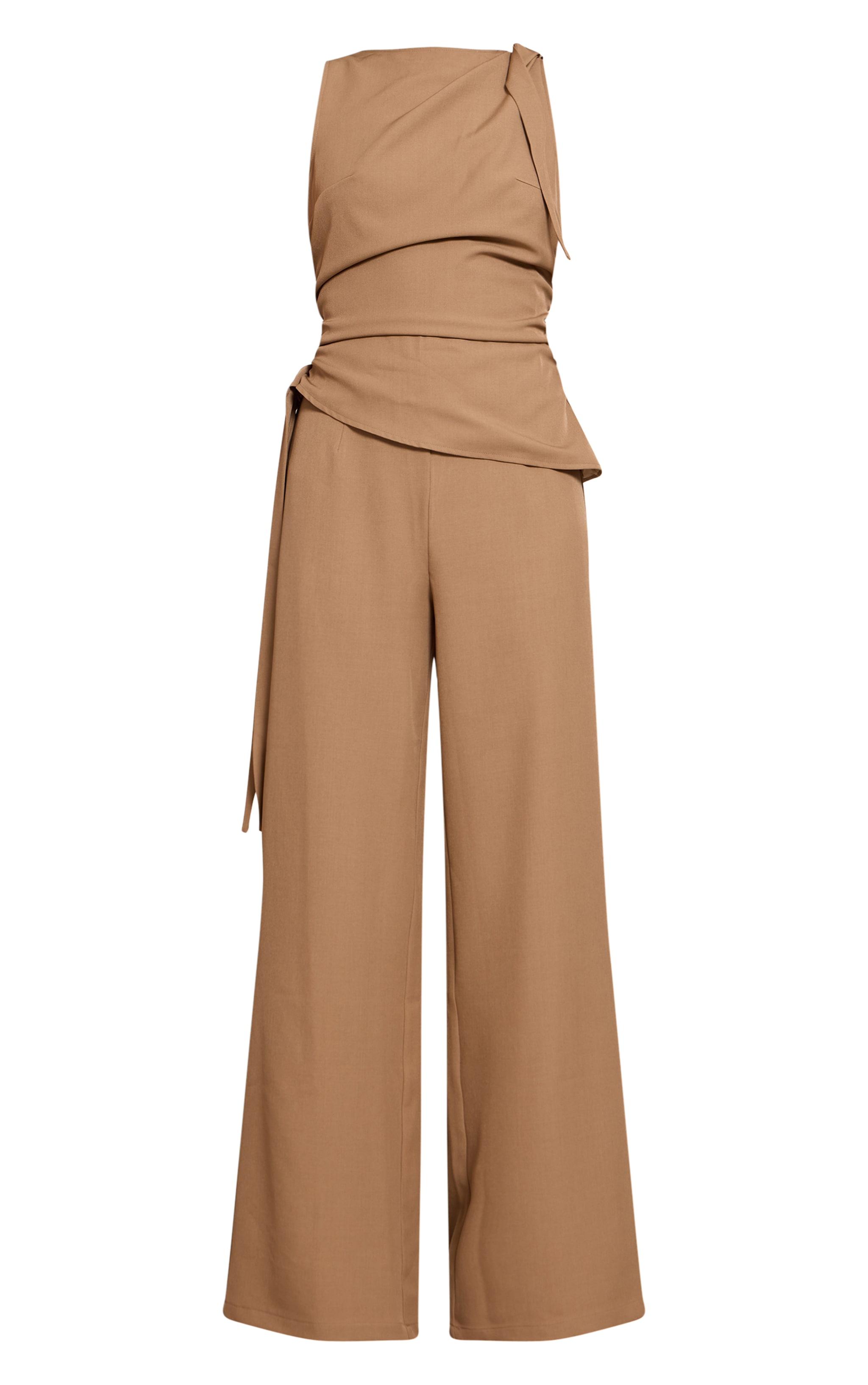 Khaki Woven High Neck Ruched Wide Leg Jumpsuit image 5