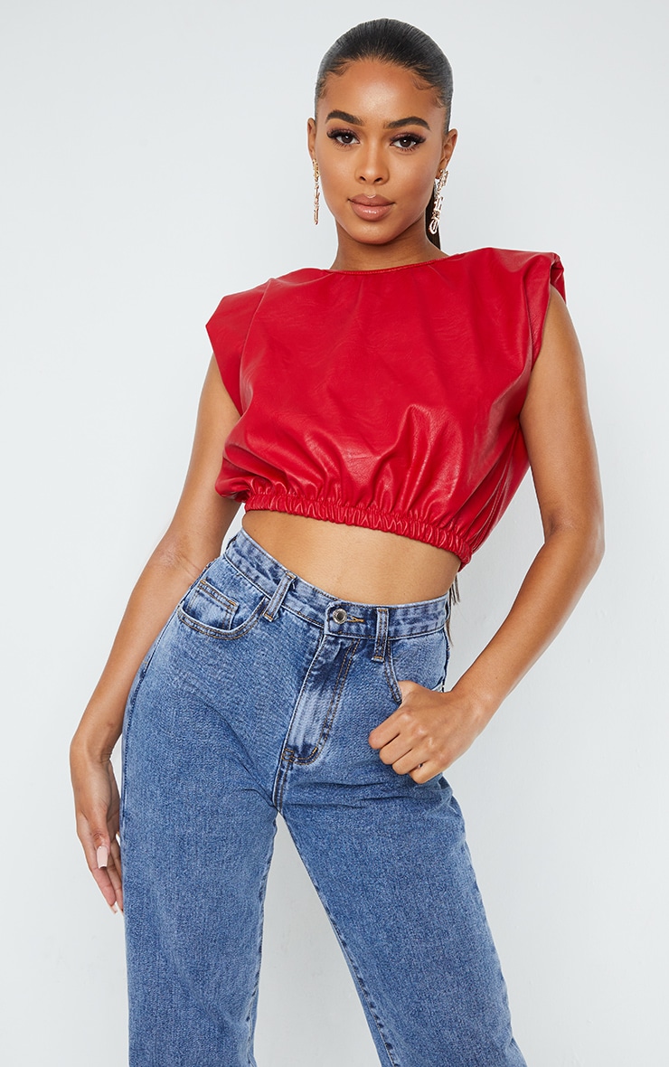 Red PU Shoulder Pad Ruched Hem Crop Top