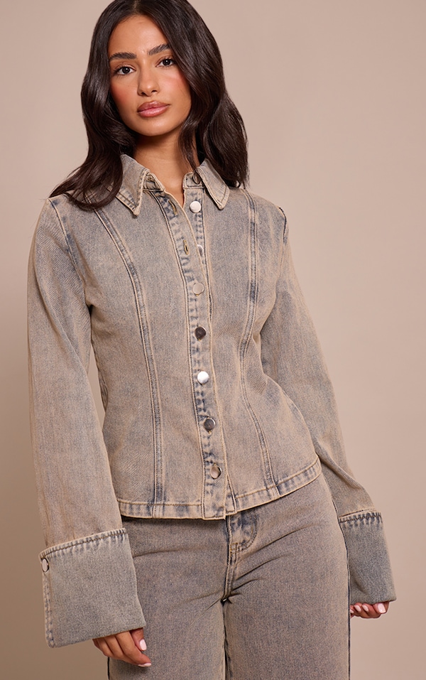 Petite Blue Vintage Wash Long Sleeve Fitted Denim Shirt