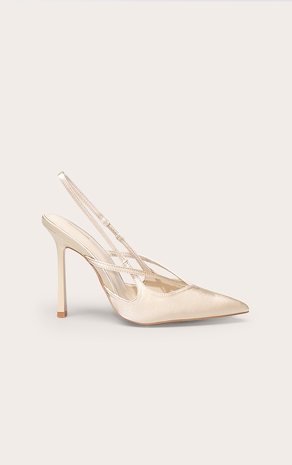 PLT Label Champagne Satin Sling Back Strappy Stiletto Heel Court