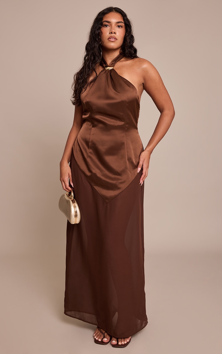 Shape Chocolate Satin Halter Neck Hem Detail Maxi Dress image 1