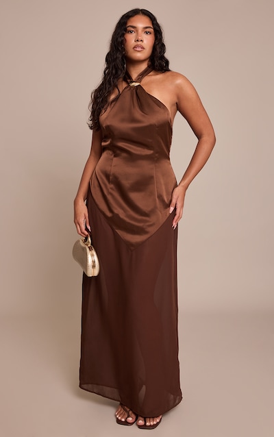 Shape Chocolate Satin Halter Neck Hem Detail Maxi Dress