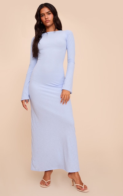Blue Textured Boat Neck Long Sleeve Bodycon Maxi Dress