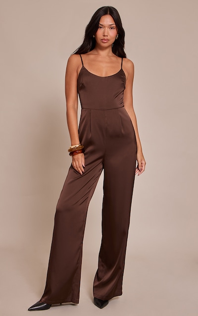 Chocolate Satin Scoop Neck Straight Leg Jumpsuit