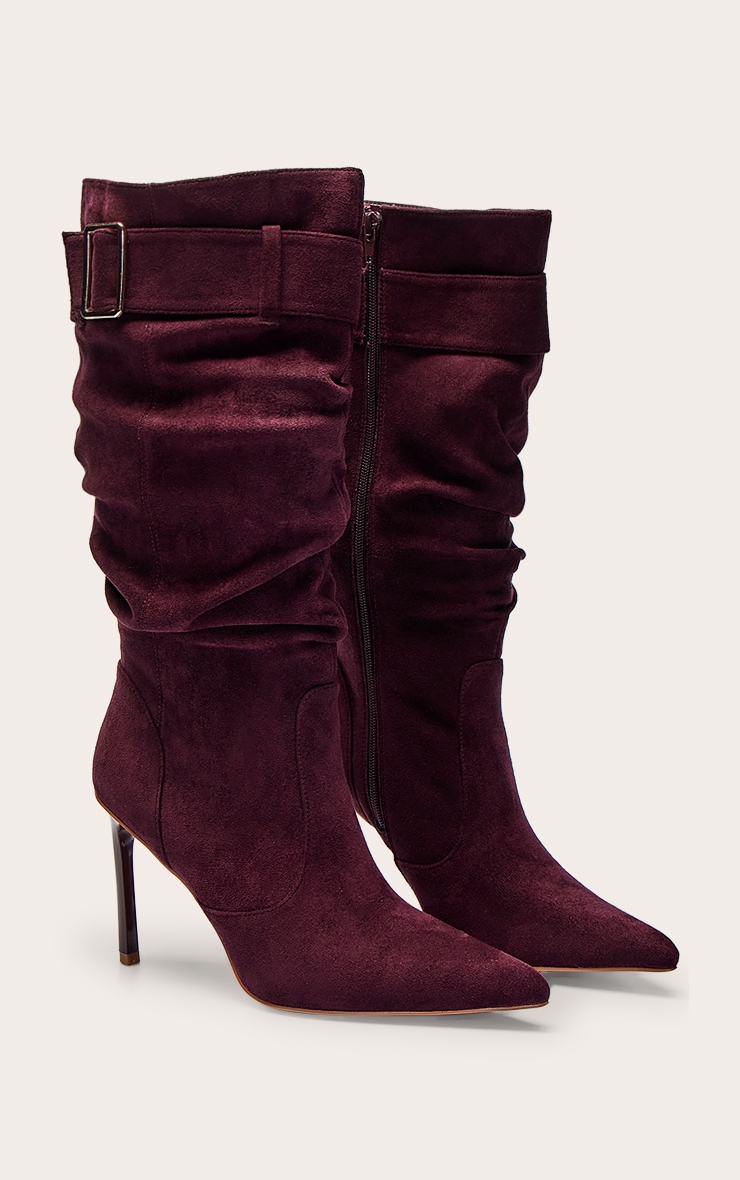 Plum Suede Ruched Stiletto Heeled Knee High Boot image 3