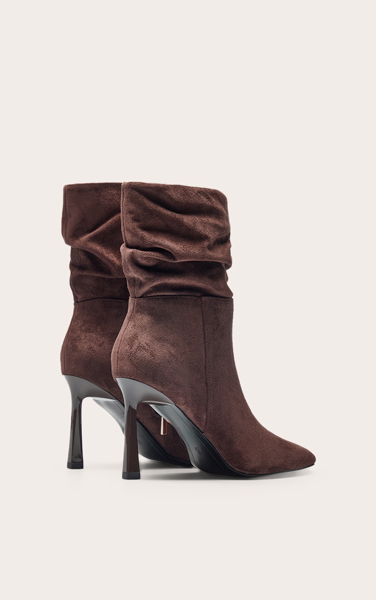 Chocolate Faux Suede Ruched Chiseled Toe Ankle Boots image 4