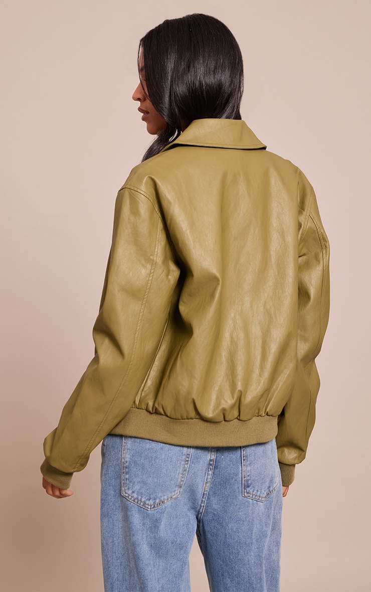 Tall Olive Faux Leather Bomber Jacket image 2