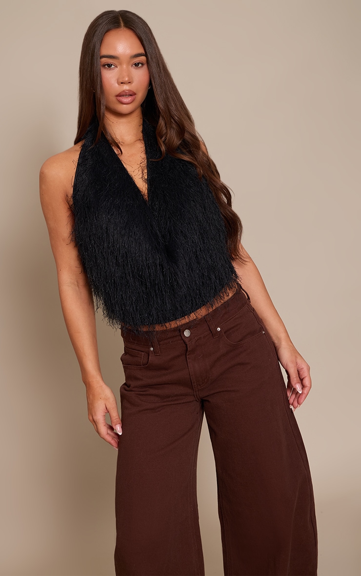BLack Textured Faux Fur Cowl Neck Top image 1