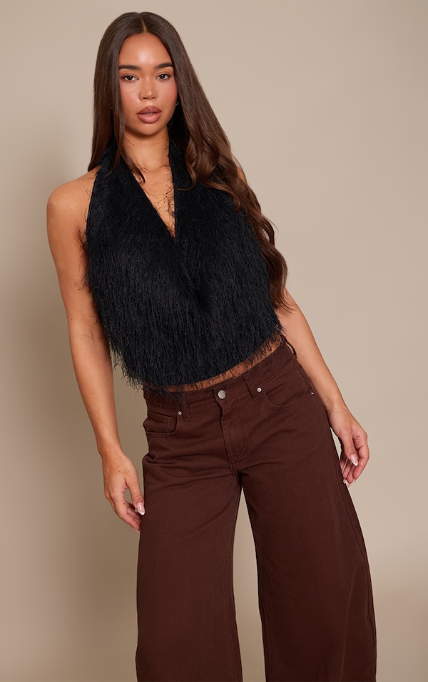 BLack Textured Faux Fur Cowl Neck Top
