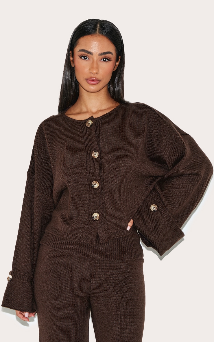 Petite Chocolate Knitted Turn Up Hem Detail Cardigan image 1