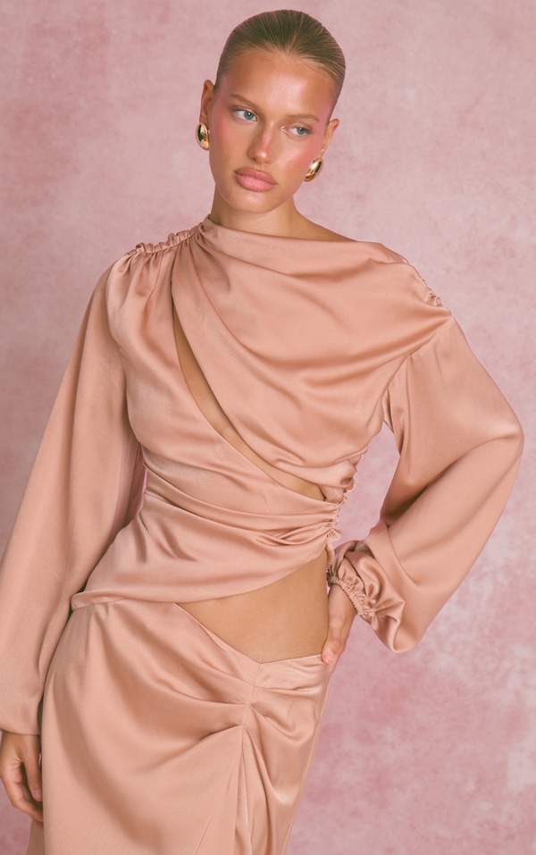 Peach Satin Cut Out Long Sleeve Blouse