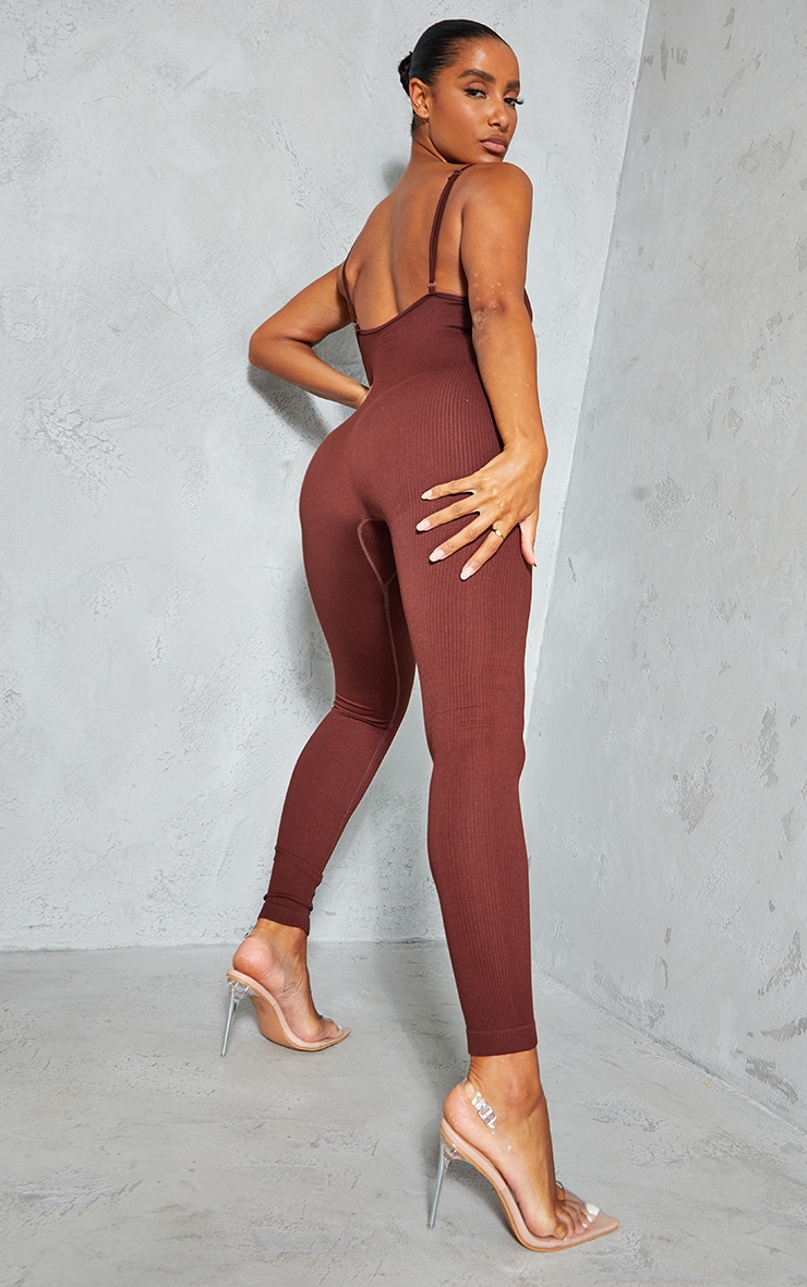 Chocolate Structured Snatched Rib Strappy Plunge Jumpsuit image 2