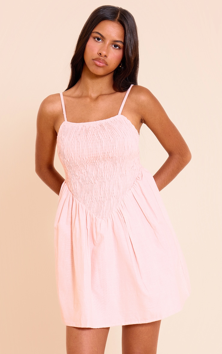 Petite Pink Spaghetti Strap Shirred Bodice Shift Dress image 1