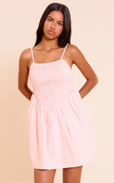 Petite Pink Spaghetti Strap Shirred Bodice Shift Dress