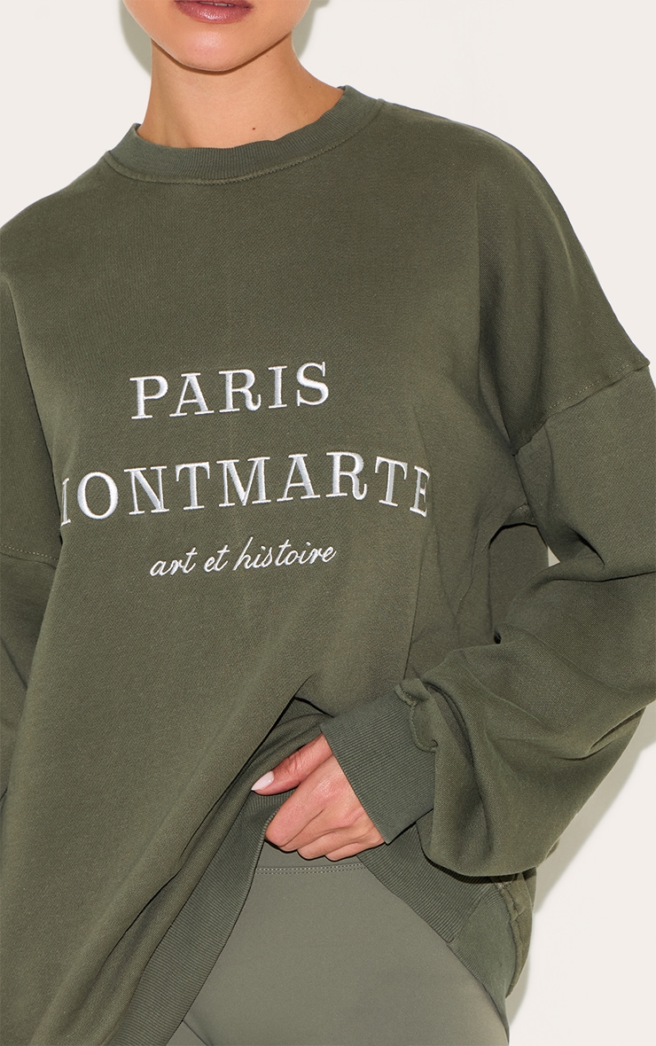 Khaki Washed Paris Montmarte Print Oversized Sweatshirt image 4