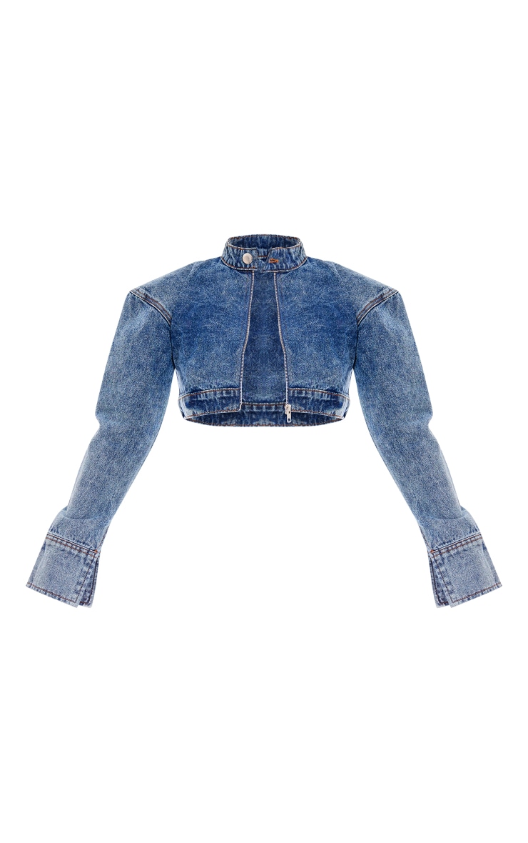 Mid Blue Acid Wash Cropped Denim Jacket image 5