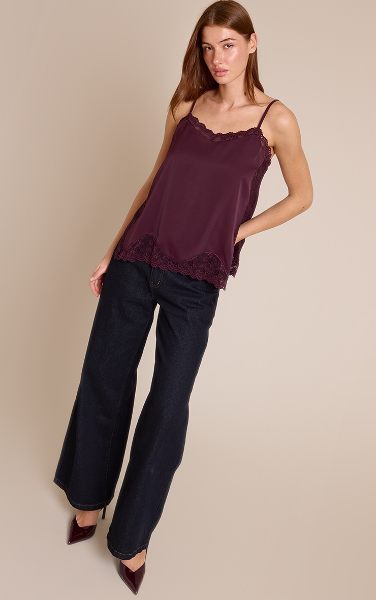 Dark Plum Woven Lace Trim Detail Strappy Cami Top