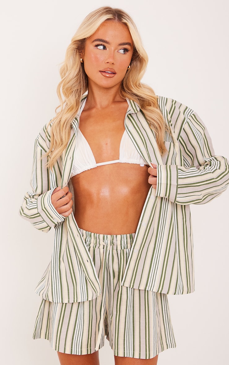Khaki Stripe Linen Look Oversized Floaty Shorts Co-ords PLT IRE