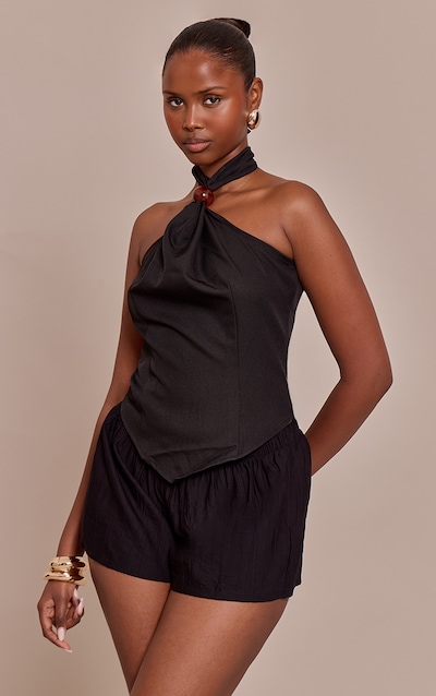 Black Bead Detail Woven Halterneck Top