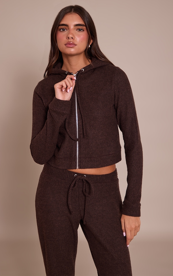 Chocolate Brushed Waffle Rib Zip Up Top 