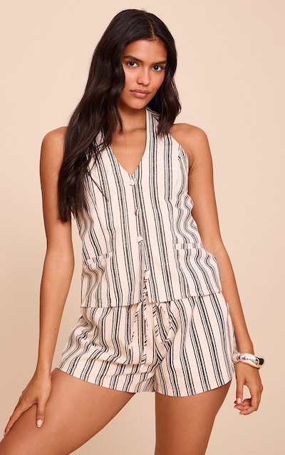 Natural Textured Stripe Halter Tie Back Waistcoat