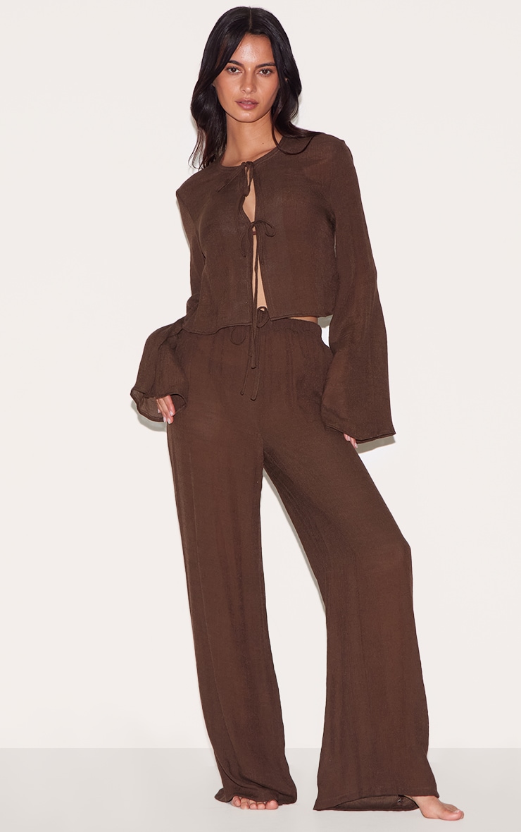 Brown Tie Front Detail Linen Look Beach Top image 3
