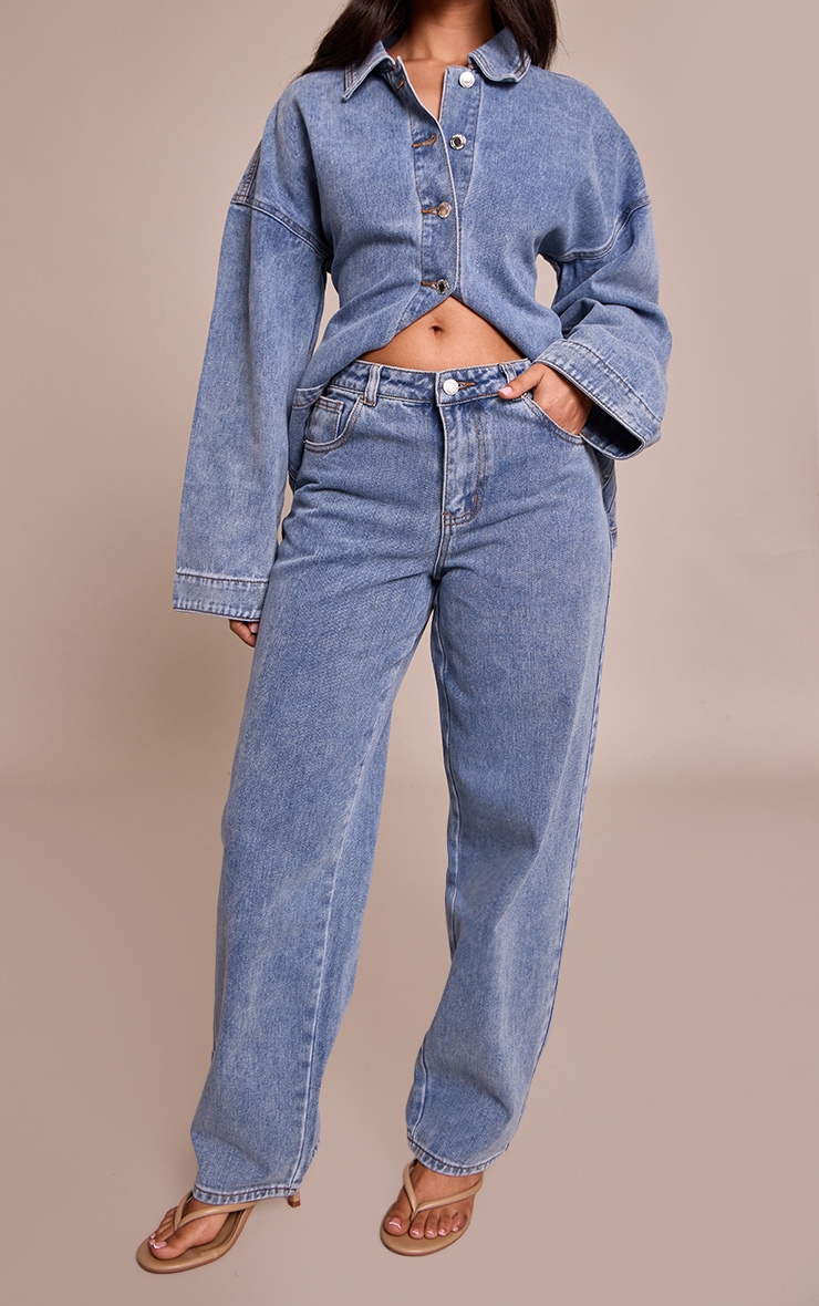 Petite Washed Mid Blue Denim Wide Leg Jeans image 2