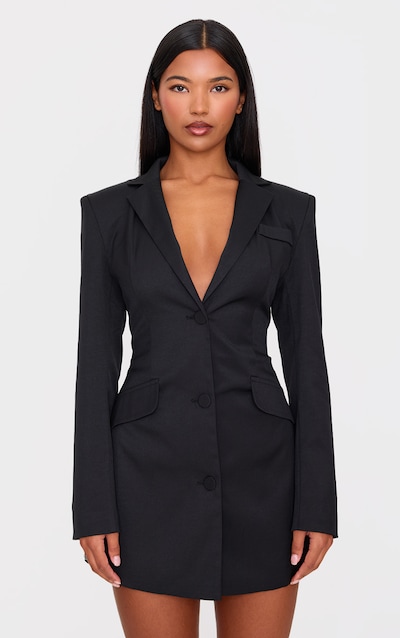 Black Woven Cinched Waist Blazer Dress