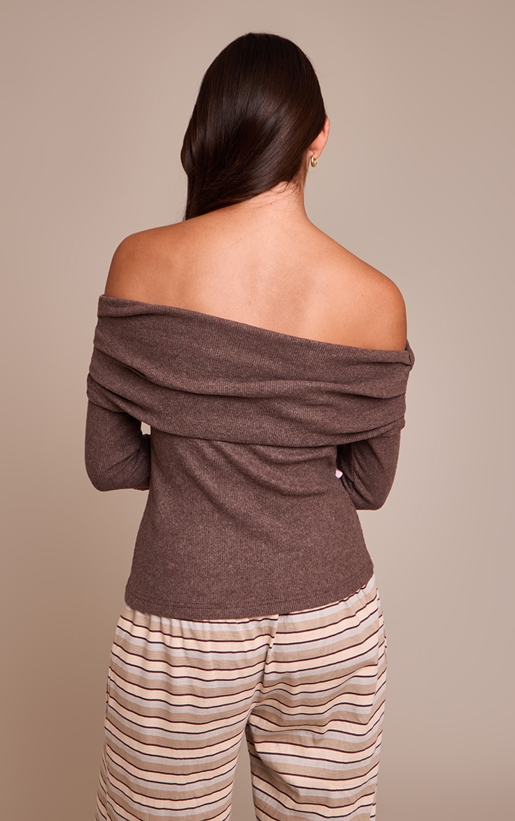 Chocolate Thick Brushed Rib Extreme Foldover Bardot Detail Long Sleeve Top image 2