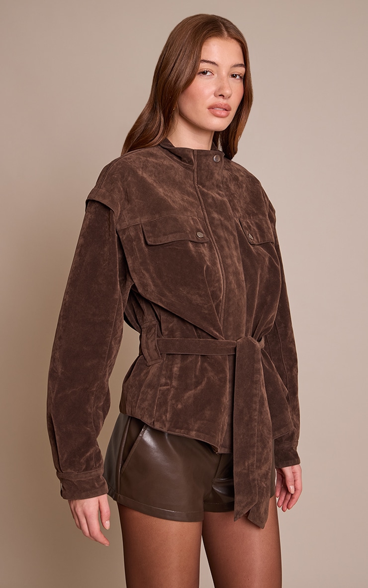 Chocolate Suede Belted Drop Waist Jacket image 4