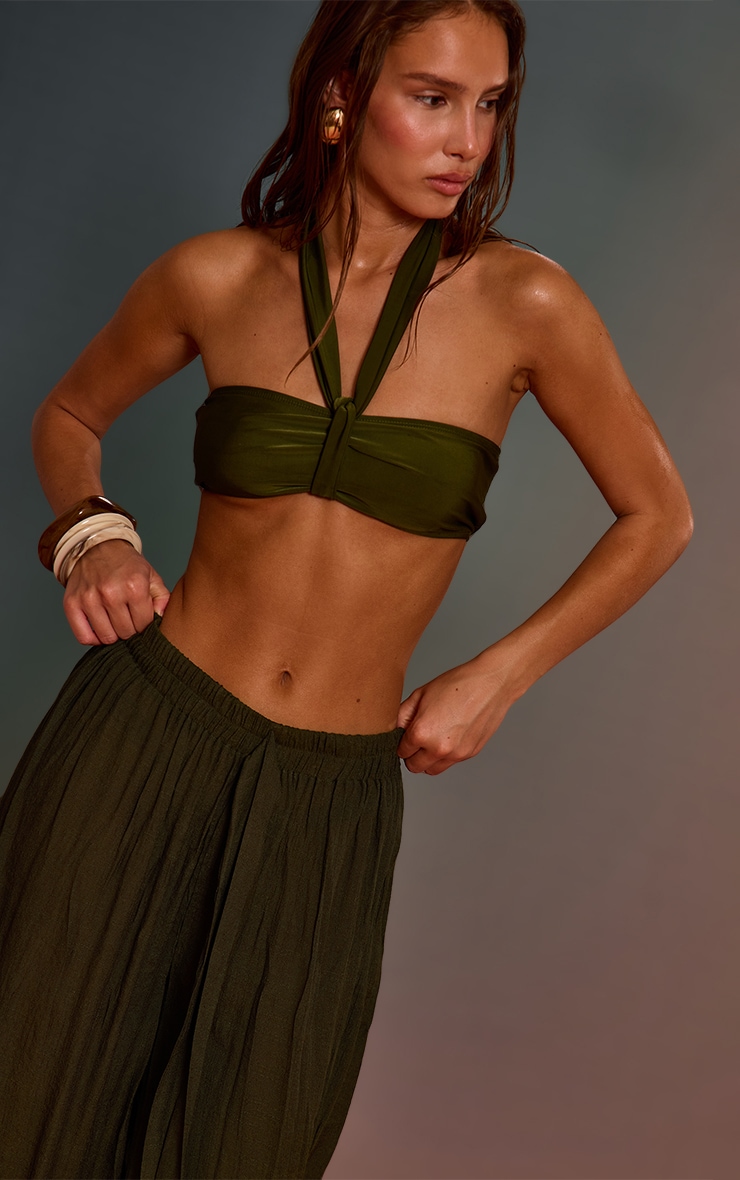 Khaki Linen Look Textured Woven Palazzo Beach Pants image 3