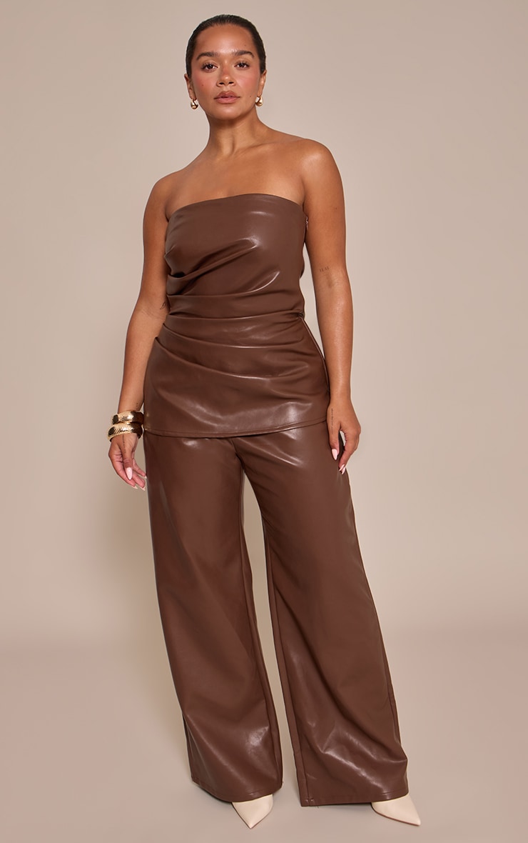 Shape Chocolate Faux Leather Ruched Bandeau Wide Leg Jumpsuit image 1