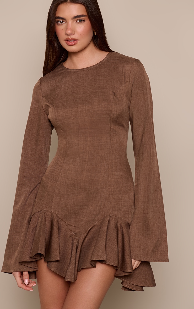 Chocolate Tailored Boat Neck Frill Shift Dress