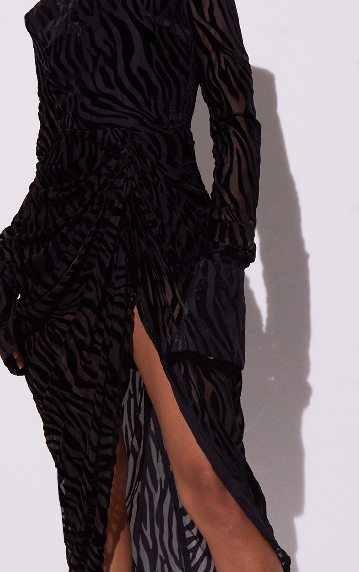 Black Zebra Print Devore High Neck Draped Midi Dress