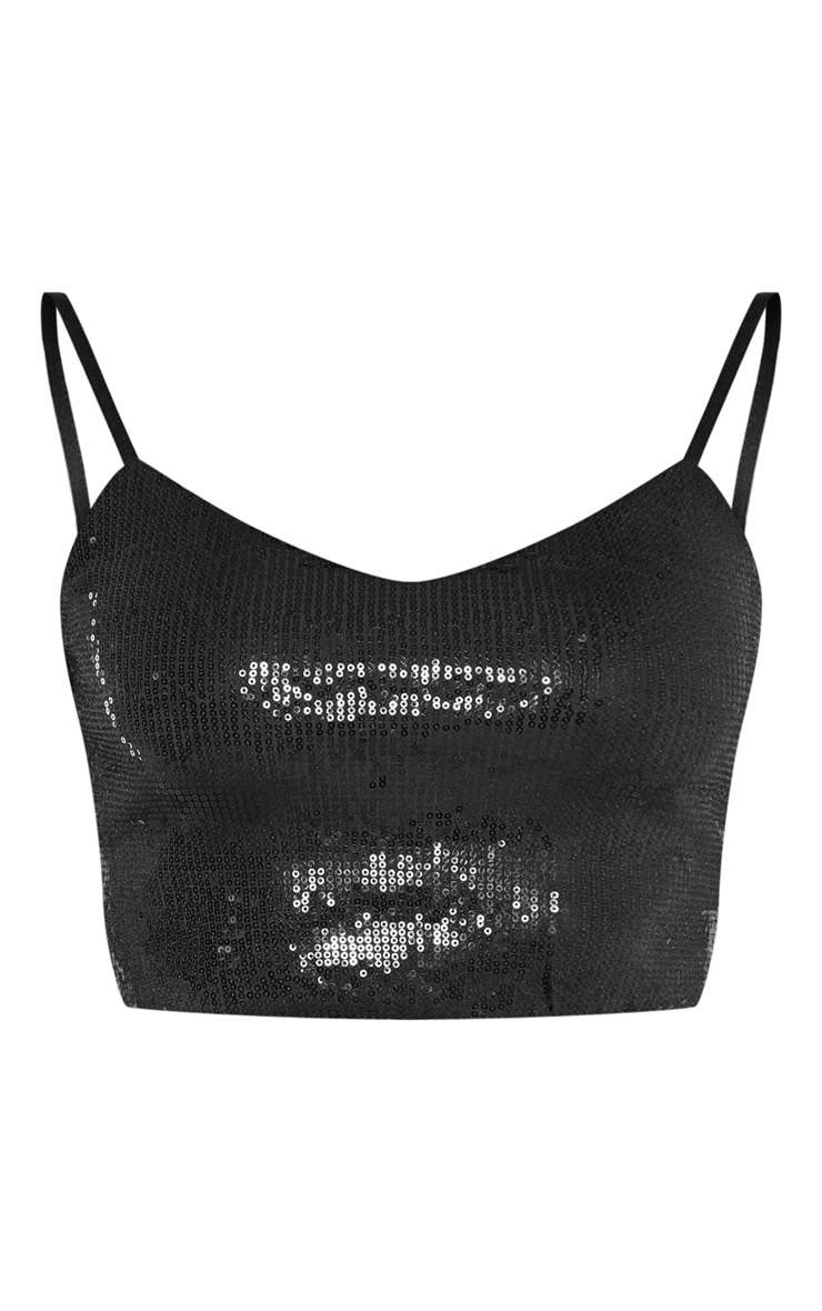 Black Strappy Sequin Crop Top Tops PrettyLittleThing USA