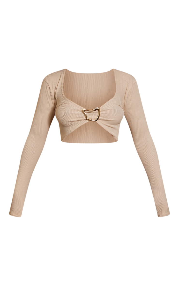 Camel Textured Abstract Trim Detail Long Sleeve Crop Top image 1