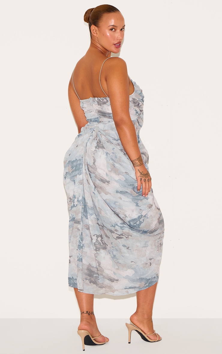 Plus Grey Abstract Print Chiffon Ruched Drape Midi Dress image 2